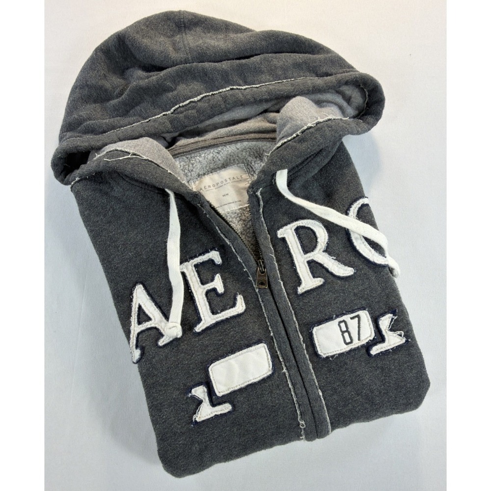 Aeropostale Sherpa Lined Hoodie Men's M Gray Full Zip Distressed - Picture 2 of 12